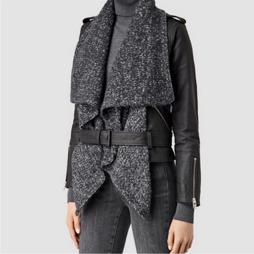 All Saints Texture Wrap Biker Goat Leather Jacket Wool Black Gray Size 2 Belted